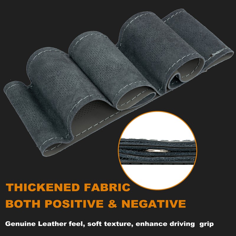 15'' Grey Genuine Leather DIY Car Steering Wheel Cover Breathable Anti-slip &