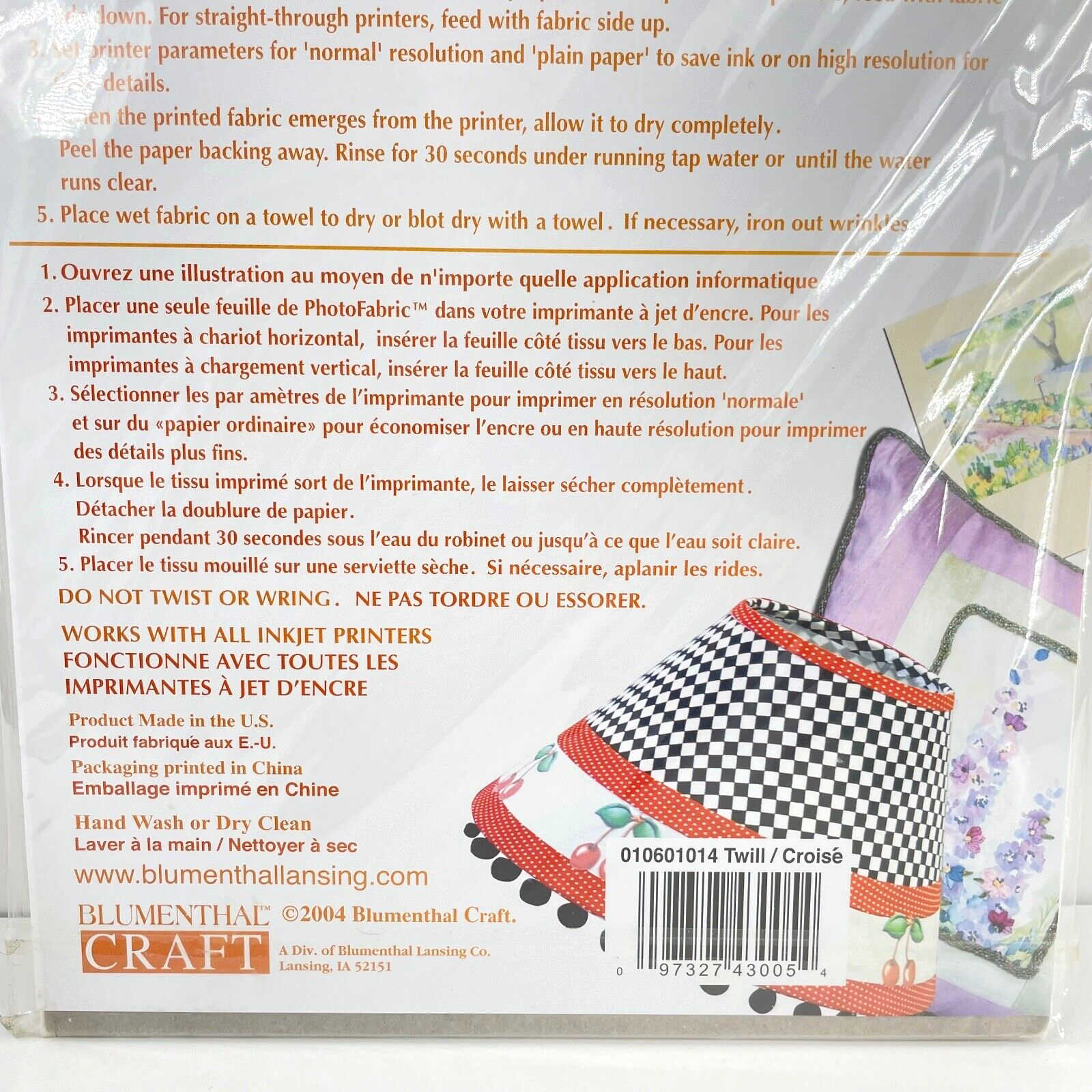 Blumenthal Craft Photo Fabric 100% Cotton Twill Inkjet Printer Computer Crafting