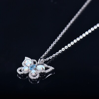 Pre-owned Jewe2004 Solid 14k White Gold Colorful Opal Butterfly Pendant Necklace With Chain 18 Inch