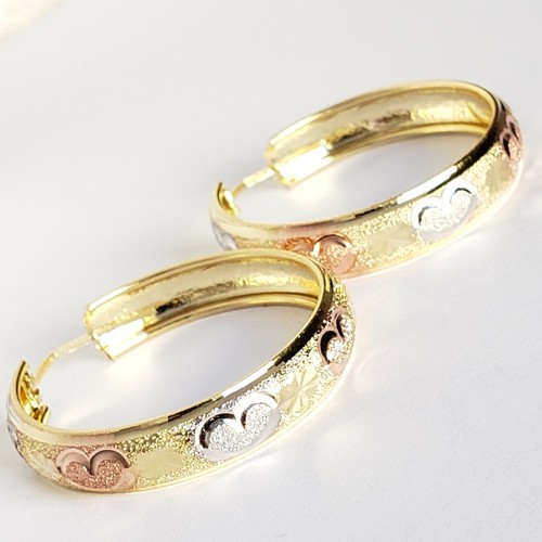 Pre-owned Pink Solid 14k Gold Hoop Earrings Hearts Yellow White Rose 1 Inch Long