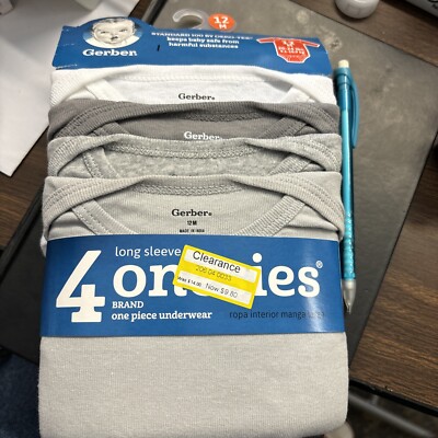 4 Pieces Gerber Grey Shades Long Sleeve Onesies 12 M