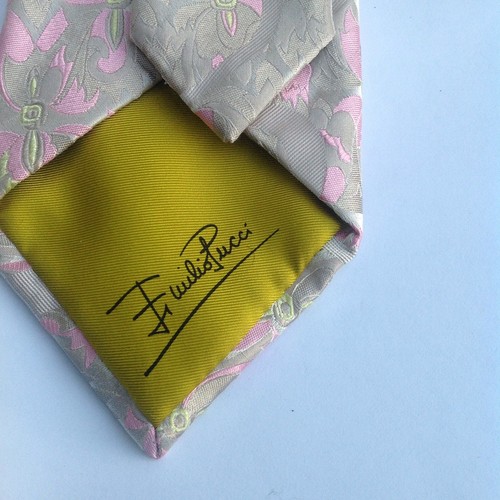 Vintage Emilio Pucci Pink Gold Floral Jacquard Silk Mens Tie Dress 60s 70s Italy