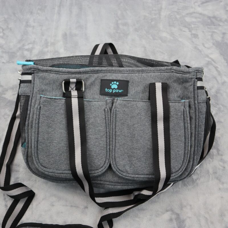Top Paw Bag Animal Carrier Gray Blue Tote 16"x10" Zip Closure Mesh Padded Strap