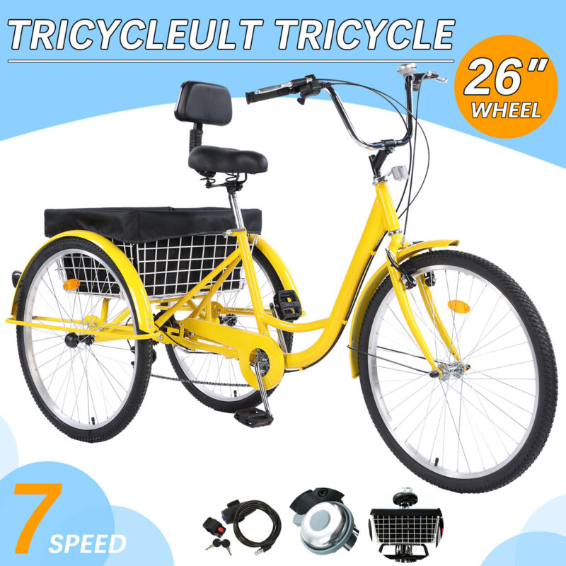 Adult Tricycle Three Wheel Trike Bike Cruiser 7 Speed 26″ w/ Basket Yellow