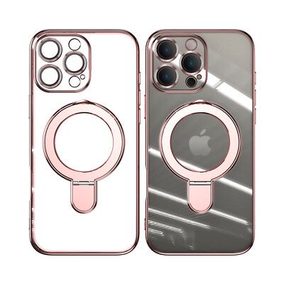 For iPhone 16 Pro Max 16 Plating Clear Case with Mag Safe Ring Stand Lens Cover