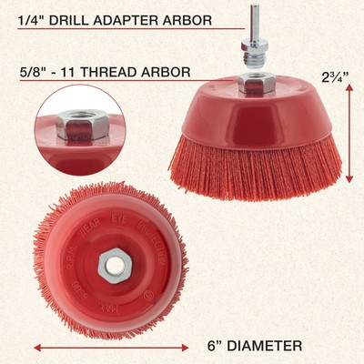 6" Abrasive Filament Nylon Bristle Cup Brush, Sanding Scuffing, 5/8" Thread 1/4"
