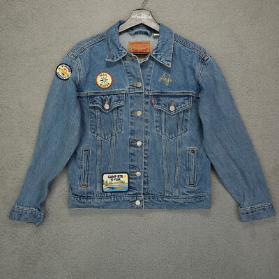 Levis Jean Jacket Womens Small Blue Denim Ex Boyfriend Trucker Camp RTR Patches