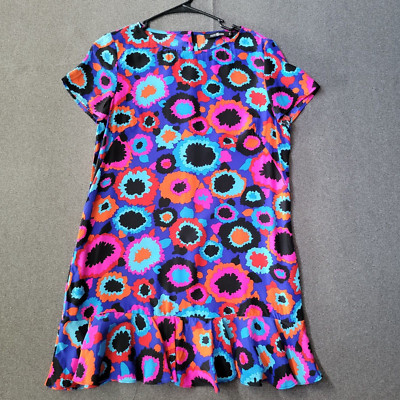 Alice Trixie S Multicolored Abstract Floral 100% Silk Dropwaist Ruffle Dress 658