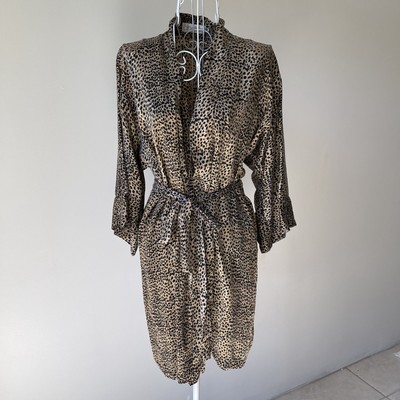 Vintage Andres silk shirt robe leopard animal print belted beige black size S