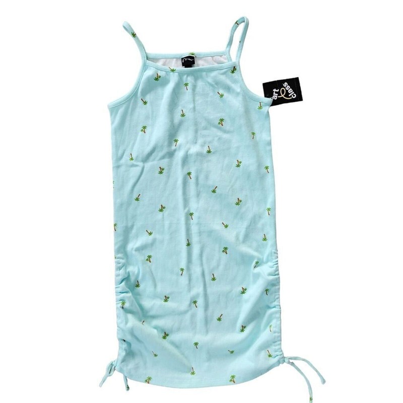 Art Class Girls Green Printed Tank Dress, Spaghetti Straps, Tie-Up