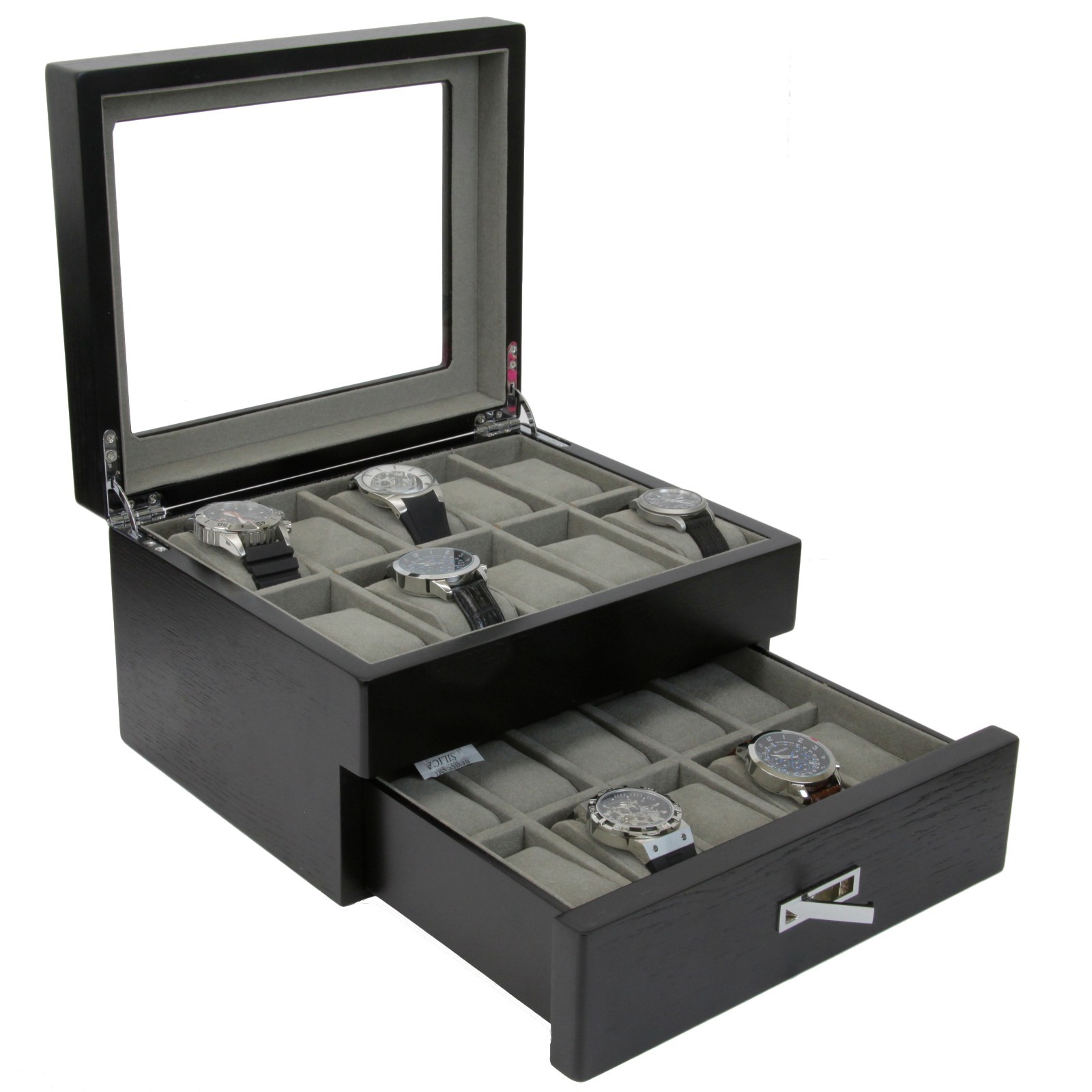 Watch Box 20 Watches Black Finish Large Compartments High Clearance Glass Window