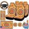 Riakrum 15 Pcs Yellow Sun Moon Sunflower Vintage Boho Car Seat Covers Full Set Steering Wheel Auto Front and Back Seat Protector with Belt, Armrest Cover and Cupholder Pad for Car SUV
