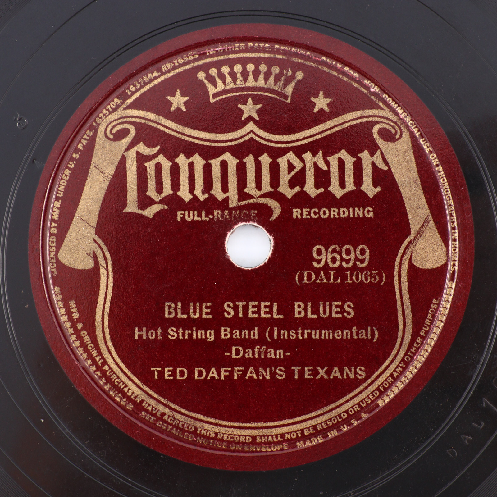 Ted Daffan's Texans  Worried Mind / Blue Steel Blues - 1940 10" 78rpm Conq 9699