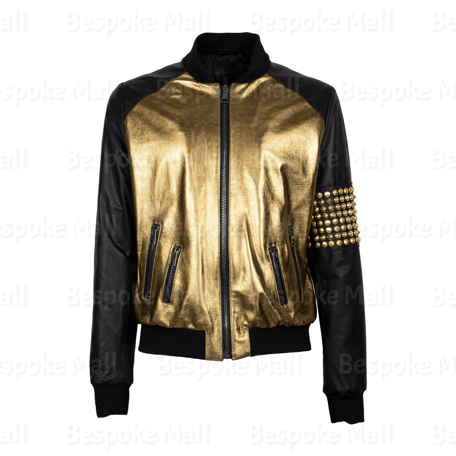 Pre-owned Handmade Men's  Black Golden Studded Brando Cowhide Biker Leather Jacket-656
