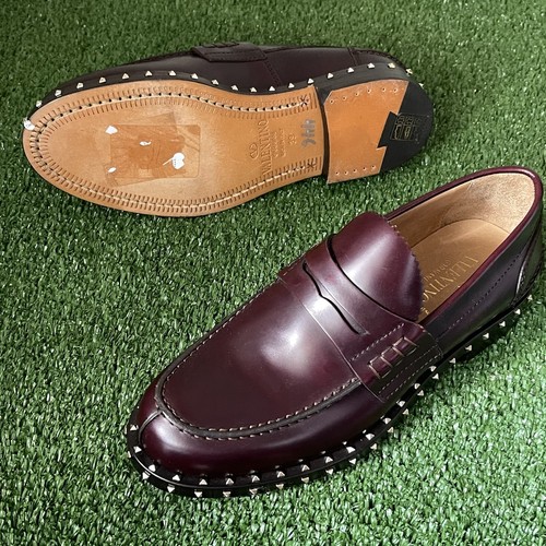 VALENTINO GARAVANI Studded Burgandy Leather Penny Loafer