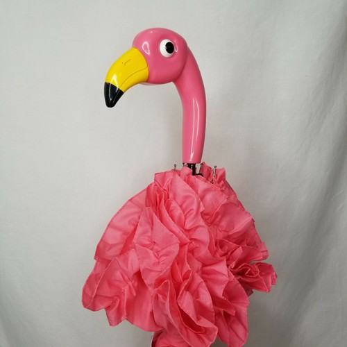 Flamingo Umbrella Pink Standing Cane Push Button Open Rain Gear Ruffles Parasol