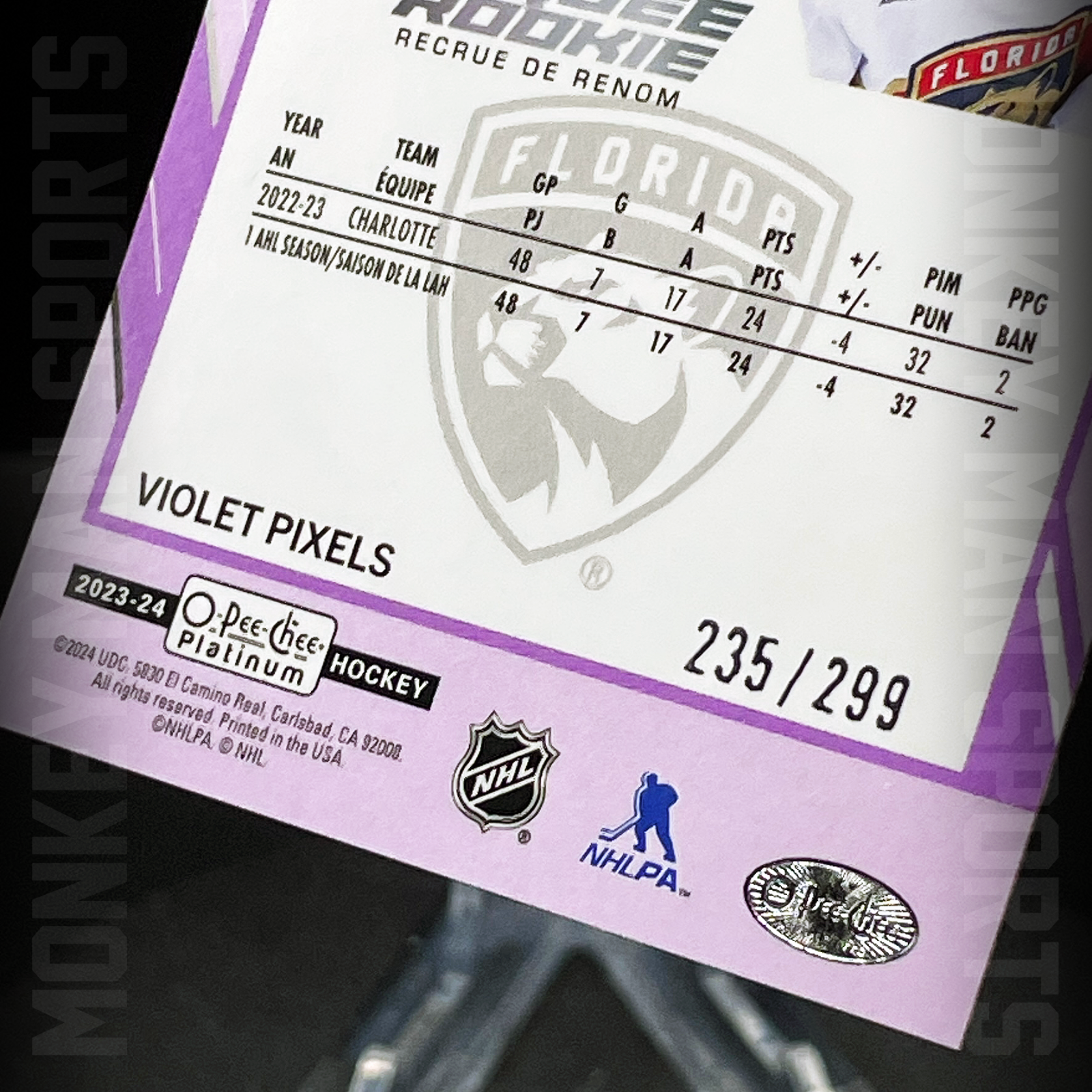 Additional photo 2 of 2023-24 OPC Platinum - Justin Sourdif Rookie RC #/299 239 VIOLET PIXELS PANTHERS