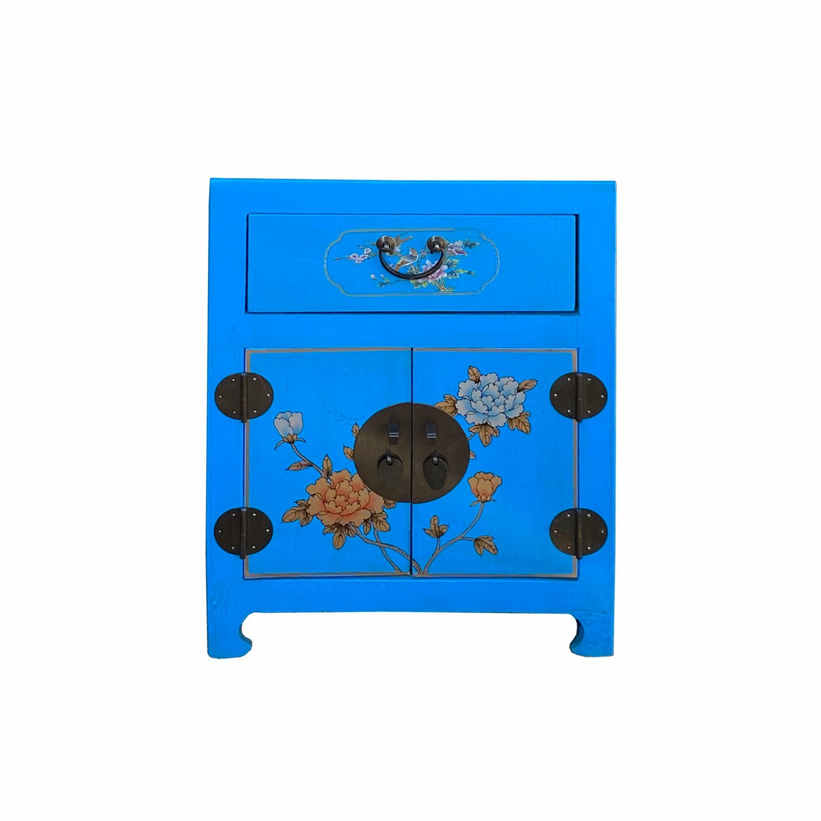 Chinese Bright Blue Vinyl Moon Face Flower Birds End Table Nightstand cs7131S Chinese Bright Blue Vinyl Moon Face Flower Birds End Table Nightstand cs7131S