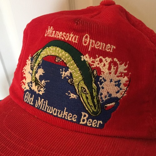 Old Milwaukee Beer Red Corduroy Vintage Hat Fish Cap Trucker Adjustable Snap