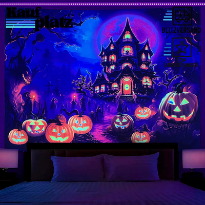 Wandteppich Schwarzlicht 180x230cm Kürbisse Schloss Mond Neon Dekor Halloween