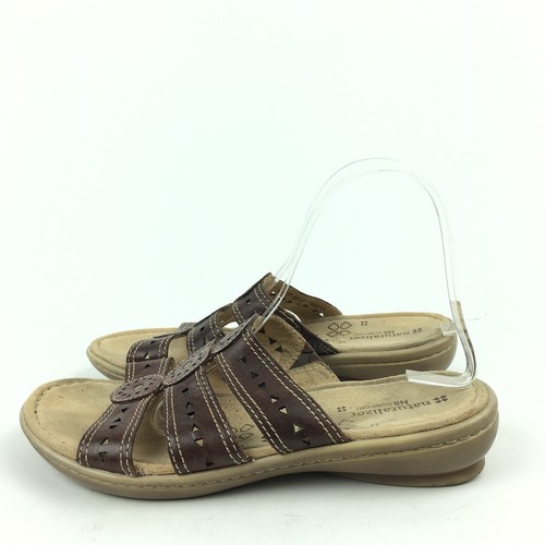 Naturalizer N5 Comfort Sandals Size 9 41 Janae Brown Leather Laser Cut Slides