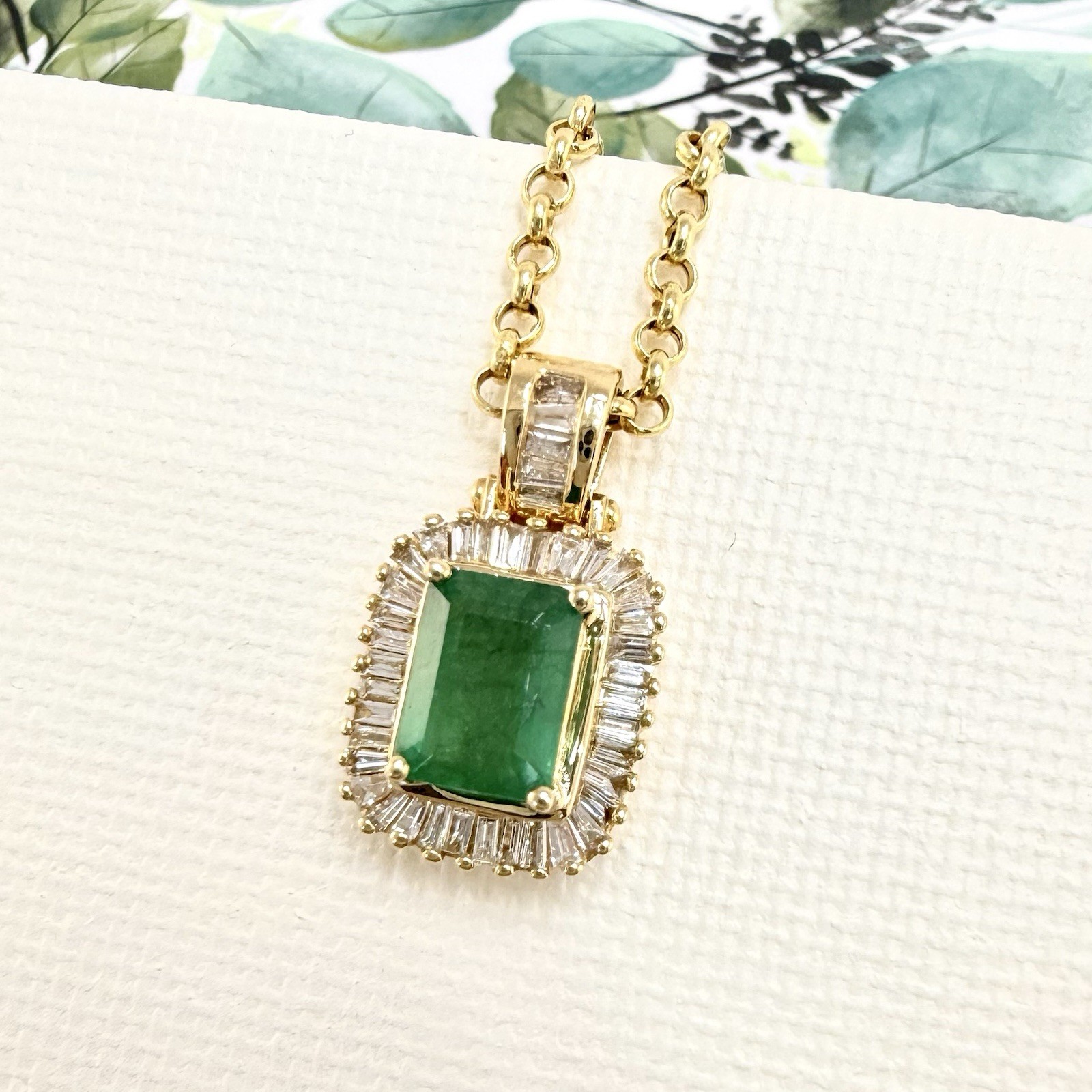 14k Yellow Gold Genuine Emerald & Diamond Pendant, Preowned - Picture 3 of 8