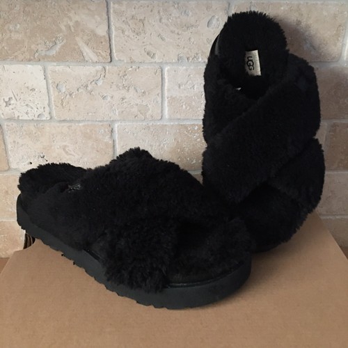 UGG BLACK FUZZ SUGAR CROSS SLIDE WOOL / FAUX FUR SLIPPERS SANDALS