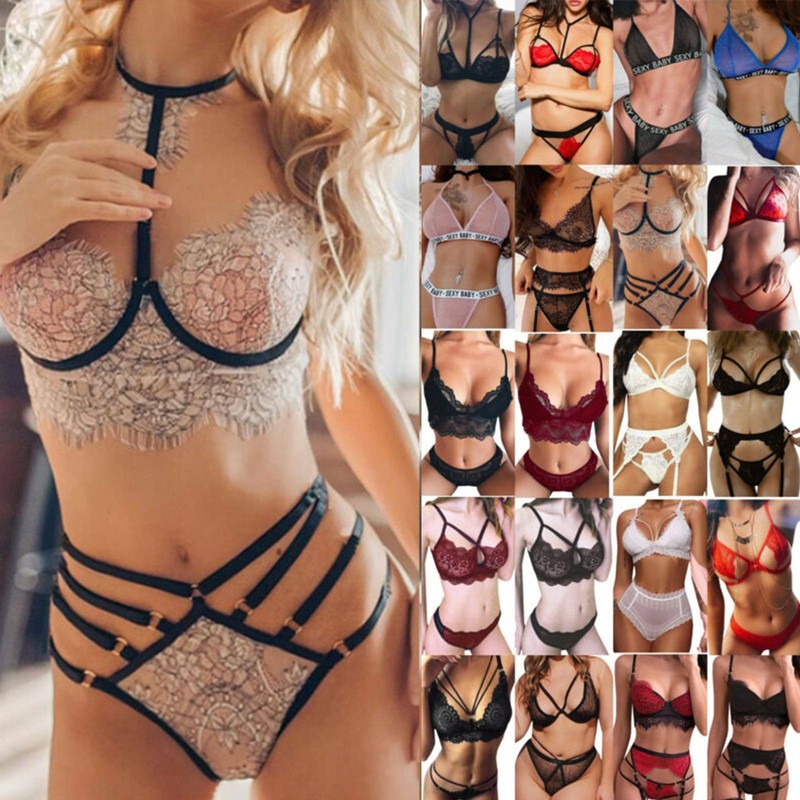 Damen Spitze Lingerie Sexy Hohle Unterwäsche Babydoll Dessous Nachtwäsche Sets
