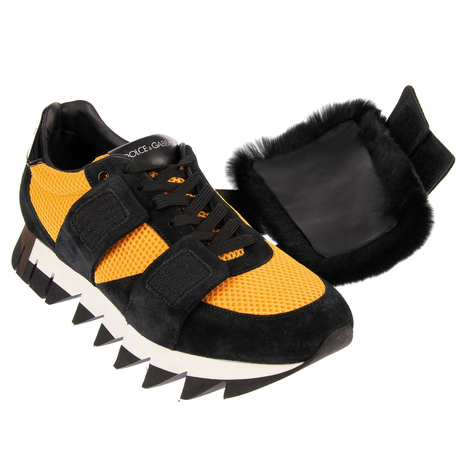 Pre-owned Dolce & Gabbana Suede Fur Neoprene Low-top Sneakers Capri Black Yellow 08658