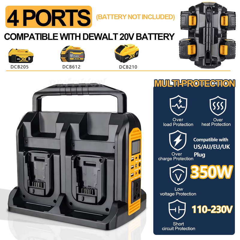 4-Ports 350W Power Inverter for Dewalt 20v 60v Battery DC 20V to AC 120V/220-230
