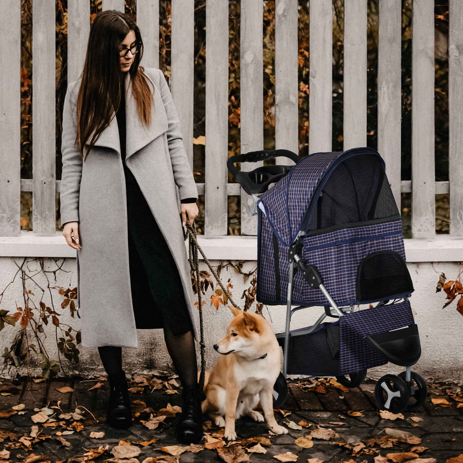 Foldable Pet Dog Stroller Portable 3 Wheels Travel Carrier Dog Cage w/Cup Holder