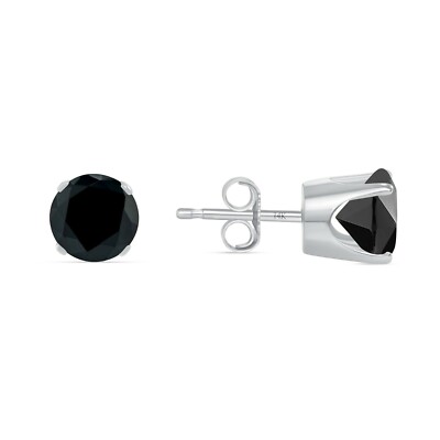 Pre-owned Shine Brite With A Diamond 2 Ct Round Cut Black Earrings Crown Set Studs Solid 14k White Gold Push Back In White/colorless