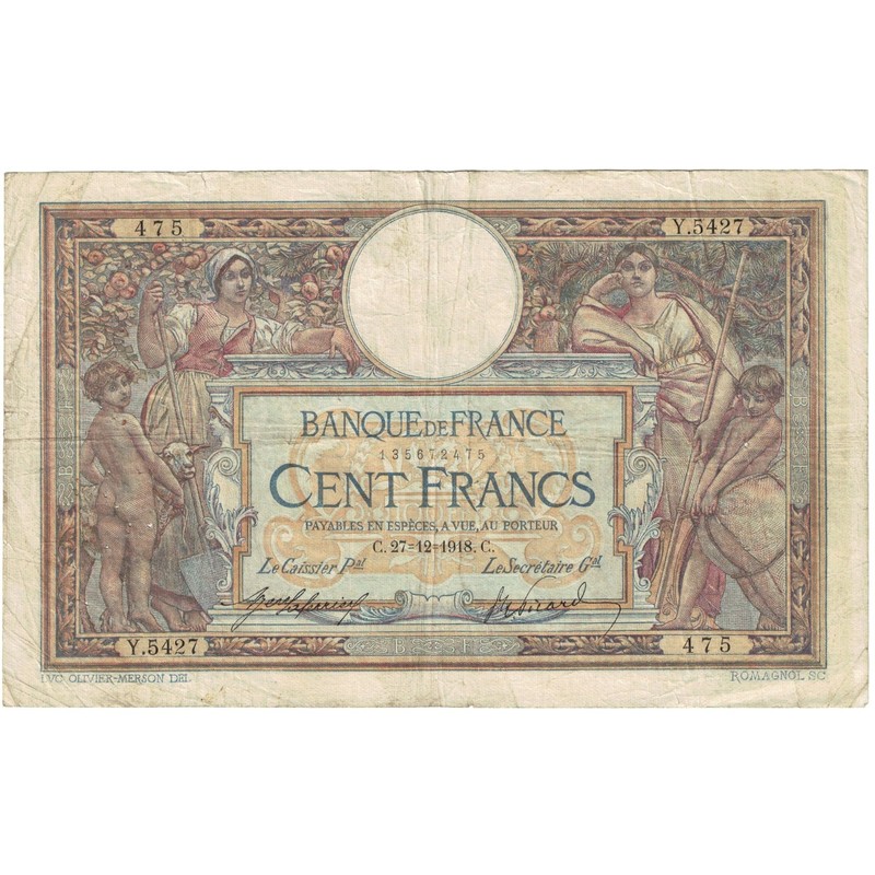 [#192352] France, 100 Francs, Luc Olivier Merson, 1918, Y.5427 475, Tb+, Fayette