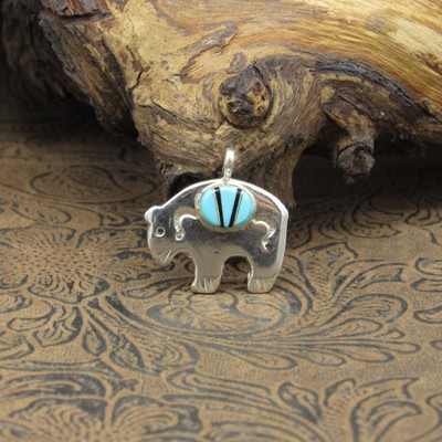 Navajo Turquoise Sterling Silver Bear Inlay Pendant By Arnold Maloney