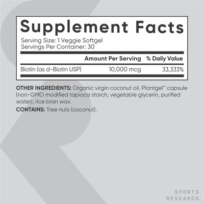 Vegan Biotin 10,000mcg w/ Coconut Oil Max Strength 30 Veggie Softgels Non-GMO