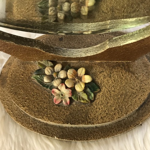 Antique Barbola Round Beveled Mirror on Stand Gesso Flowers Table Top c.1930s