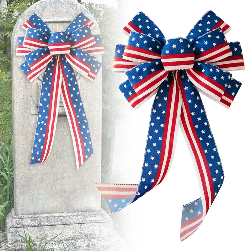 19.7 X 11 Inch Pre-Made Patriotic Wreath Bow, Red White Blue S...