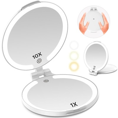 FUNTOUCH 7'' Travel Makeup Mirror with Lights 10X Magnifying, 3 Color Portabl...