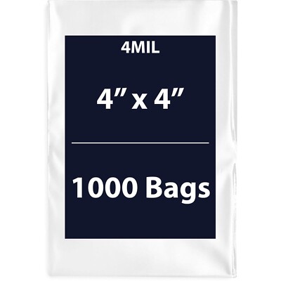 4'' x 4'' 1000 Bags, 4Mil Flat Open Top Plastic Packaging LDPE Clear Poly Bags