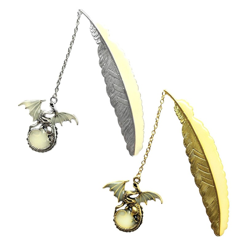 Metal Bookmark Vintage Feather Luminous Bookmark Book Page Marker with Pendant