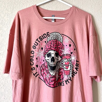 It s Cold Outside Like My Heart Pink Skull Tee Womens Plus Sz 2X Cotton Heritage