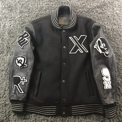 【りい】Time is on LEATHER VARSITY JACKET Men's Embroidered Hip Hop Varsity Jacket with Leather Sleeve