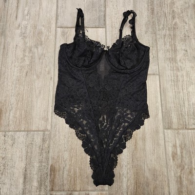 Victoria's Secret Bodysuit Womens Size 36C Black Lace Underwire Mesh Back Thong 