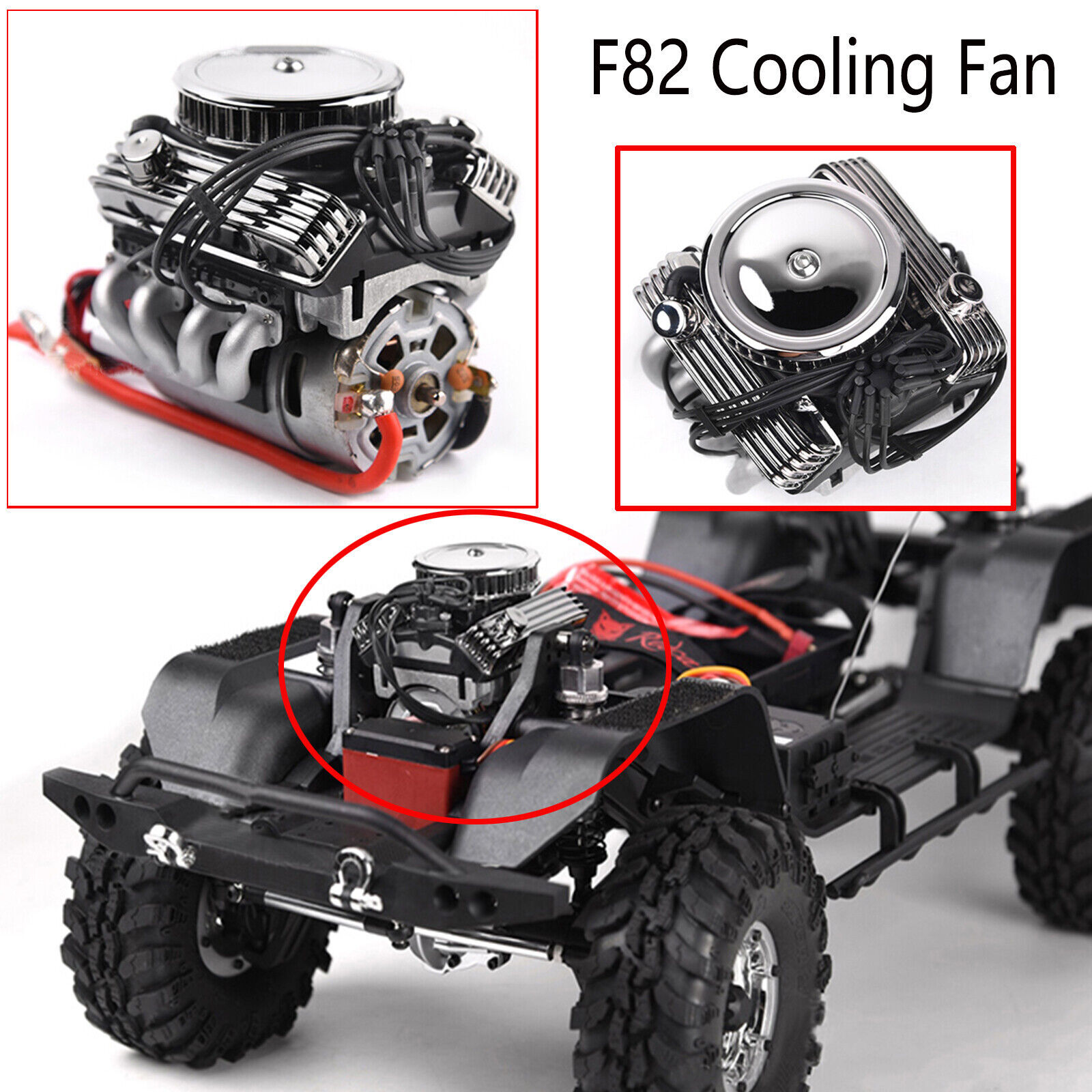 F82 V8 Simulate Engine w/ Motor Cooling Fan Radiator for 1/1