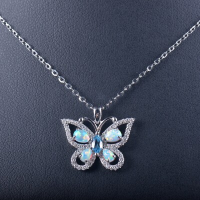 Pre-owned Jewe2004 Solid 14k White Gold Colorful Opal Butterfly Pendant Necklace With Chain 18 Inch