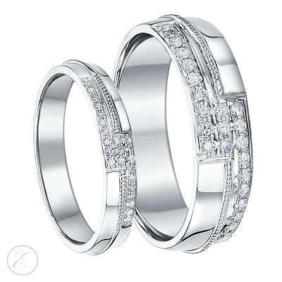 His & Hers 4&6 mm Rings 9ct White Gold Wedding Bands Men's & Ladies Ring Set 12