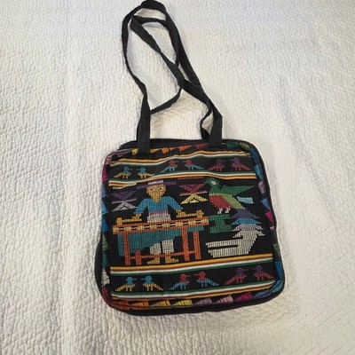 Vintage Guatemalan Handwoven Folk Art Tote Bag Black Multi Color Mayan Huipil