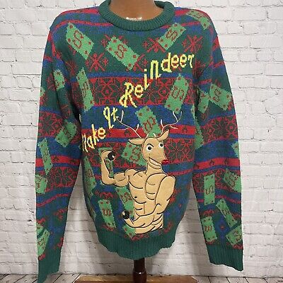 Men s American Stitch Red Ugly Christmas Sweater Make It Reindeer Size XXL  