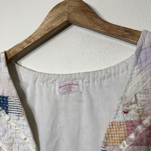 Vintage Handmade Quilt Vest Boho Crochet Lace Pink Blue Block Quilt design