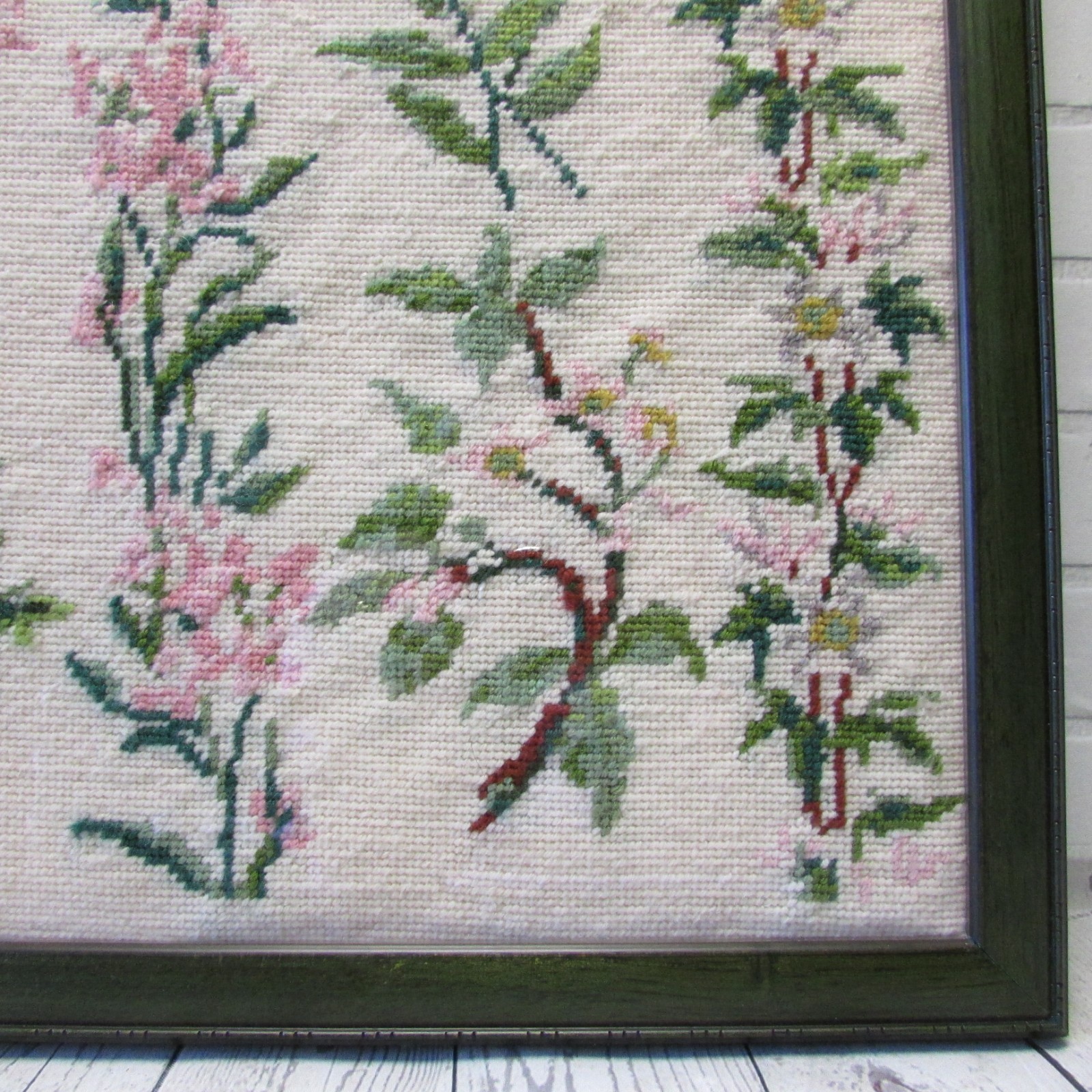 Finished Needlepoint Spring Flowers Green Frame Glass Floral Wall Hanging